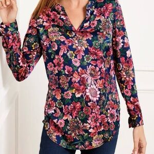Talbots Floral V-Neck Blouse - Pink and Green on Navy 1X